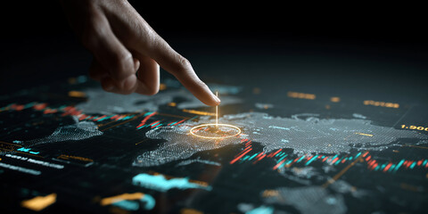 Graphs and world financial markets data. Investor pointing at the candlestick chart.
