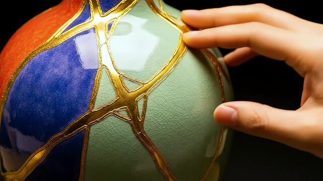 Hand Touching Kintsugi Ceramic Repair Detail