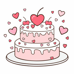 Hand drawn round cake with cherries and hearts decorations. Whimsical doodle dessert for birthday, wedding, anniversary. Coquette bakery item. Line art sweet pastry food. Vector graphic