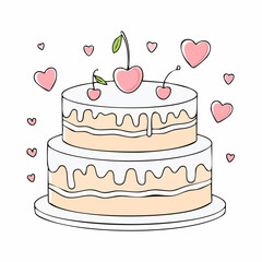 Hand drawn round cake with cherries and hearts decorations. Whimsical doodle dessert for birthday, wedding, anniversary. Coquette bakery item. Line art sweet pastry food. Vector graphic