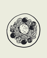 Fototapeta na wymiar Italian cuisine and sea inspired illustrations with pasta, seafood, wine, lemons, shells, herbs in doodle cartoon vector style, Mediterranean kitchen wall art prints in la dolce vita style.