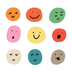 Whimsical Happy Smile Face Cartoon Icon. Abstract Cute Emoji People. Vector Doodle Illustration