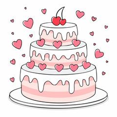 Hand drawn round cake with cherries and hearts decorations. Whimsical doodle dessert for birthday, wedding, anniversary. Coquette bakery item. Line art sweet pastry food. Vector graphic