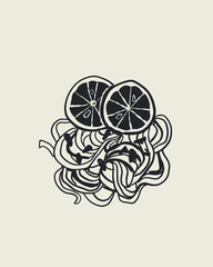 Italian cuisine and sea inspired illustrations with pasta, seafood, wine, lemons, shells, herbs in doodle cartoon vector style, Mediterranean kitchen wall art prints in la dolce vita style.