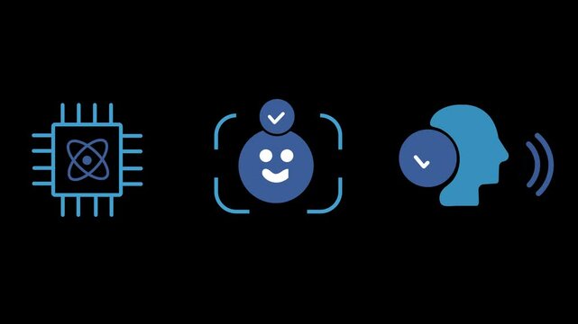 3-in-1 icon animation that showcases artificial intelligence. Quantum computing, facial recognition, voice recognition technology, 2D vector style animation in high resolution.  transparent background