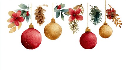 Four rustic ornaments and pine cones hanging from a string against a neutral background, natural decor.