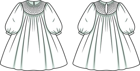  Girls' smocked neck puff sleeve dress flat sketch illustration, adorable kids' apparel, fashion CAD drawing, comfortable and charming design.