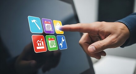 A finger touches a digital screen displaying colorful application icons on a modern device
