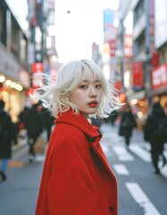 bustling tokyo street, a single person looking at the camera, her hair is whisping in the air, the overall mood is serene, fast blur pace