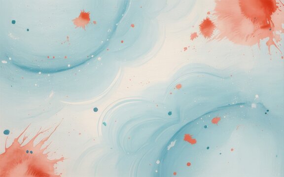 Soft ethereal watercolor painting with light blue and white swirling patterns and coral-red splatters