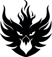 Naklejka premium Stylized black phoenix bird head silhouette with fiery crest isolated on white background