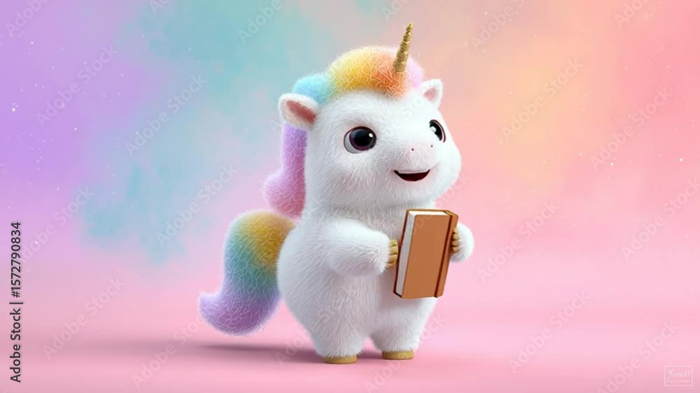 Poster colorful unicorn character holding a small treat in a dreamy setting generative ai