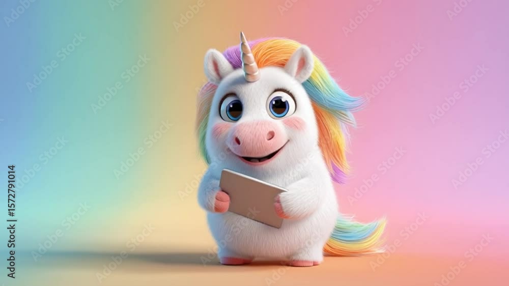 Aufkleber cute unicorn character on a colorful background holding a tablet generative ai
