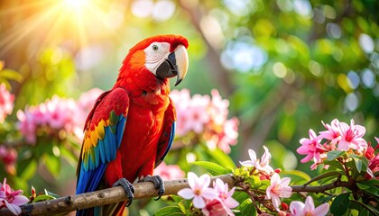 vibrant red and yellow macaw perched on a branch with pink and green leaves in a lush, green setting 