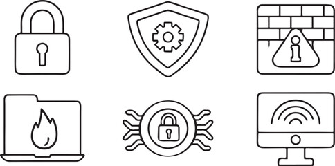 Cybersecurity And Digital Privacy Icon Set, Firewall, VPN, Shield, Phishing Alert, Authentication, Warning Lock, Editable Tech Protection Design