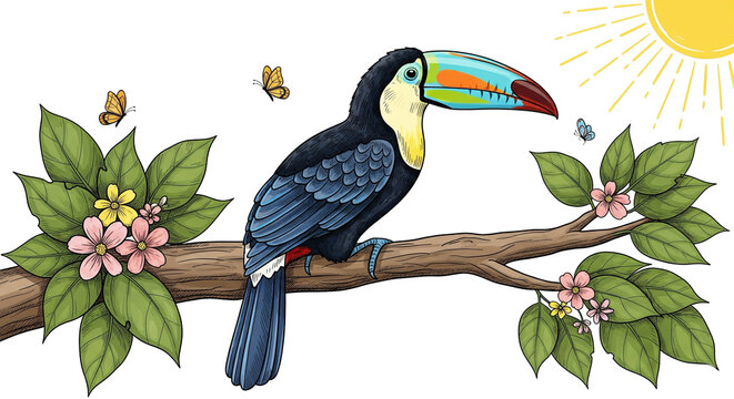 Tropical paradise artwork. Tropical bird with palm tree graphic print design. Enjoy beach life. Summer vibes artwork. Enjoy summer day. Toucan paradise artwork.