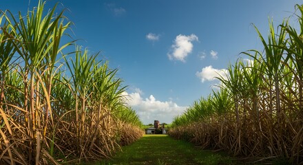Fototapeta premium Sugarcane Plantation Field with Building in Background
