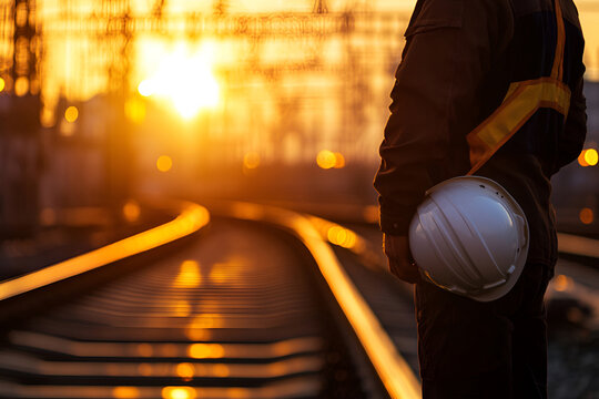 Silhouette of a man holding safety helmet by railway tracks at sunset