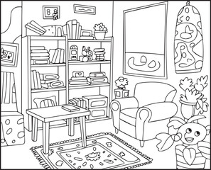 Beautiful and creative interior design of a living room black outline vector line art for children and adult coloring page or book design