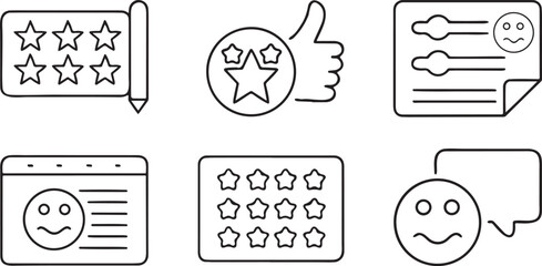 Customer Review And Feedback Icon Set, Star Rating, Thumbs Up, Comment Box, Feedback Chart, Emoji Response, Editable Clean Marketing Vector