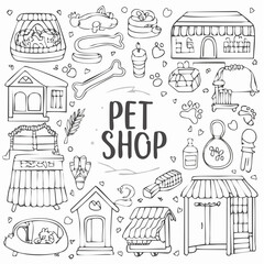 Set of hand drawn pet shop doodle illustrations. Outline drawings of cat, dog, hamster, toys, accessories, house, bed. Supplies for domesticated animals. Vector ...