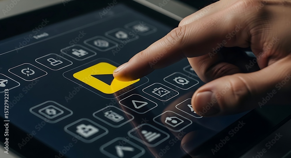 Poster a finger presses a play button on a touchscreen interface, navigating a modern industrial machines c