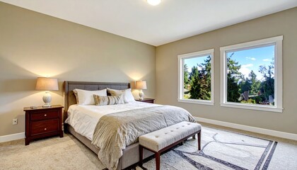 Beautiful bedroom in new luxury home with large windows
