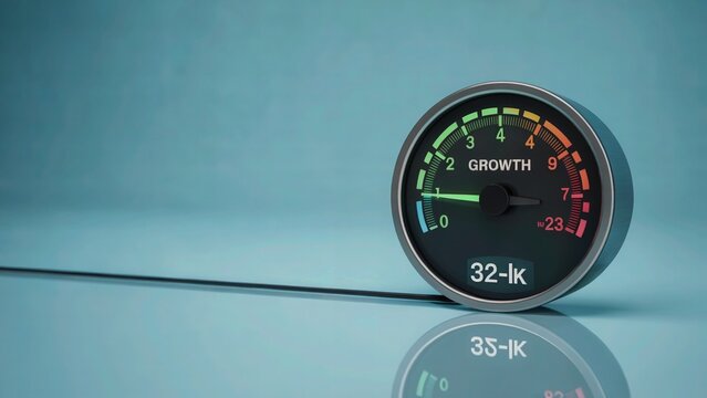 A close up of a growth meter on a blue surface with a needle pointing to zero and a reflection below - Powered by Adobe