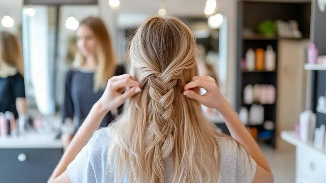 Person braiding long blonde hair in beauty salon setting