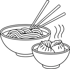 Simple line art drawing of steaming noodles and dumplings in bowls with chopsticks
