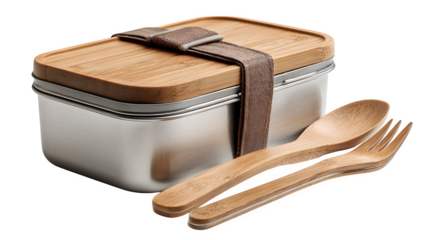 An eco-friendly lunchbox set made of stainless steel and bamboo, isolated on white background,