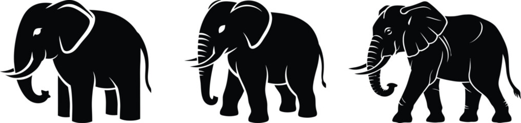 Collection of Various Elephant Poses and Styles in Black Silhouette on White Background silhouette