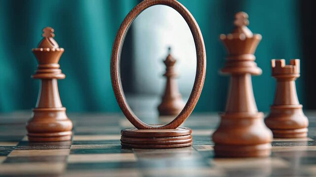 Chess pieces and mirror reflecting strategy concept on chessboard wood table pattern still life