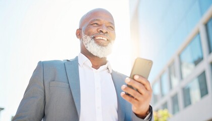 Business, smile and man in city, cellphone and internet with social media, communication and texting 