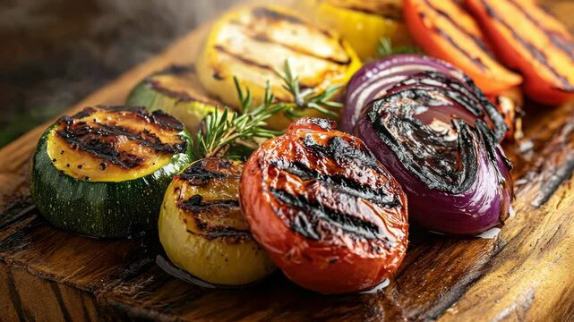 Colorful vegetable kebab on wooden cutting board