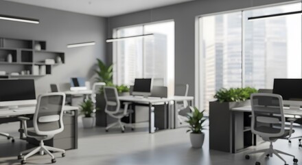 Open Grey Modern Office with Desks and Rolling Chairs