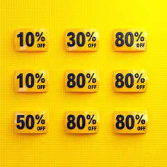 Bold 3D Glossy Discount Badges Set on Bright Yellow Textured Background, Modern Typography Sale Tags, Promotional Labels Grid