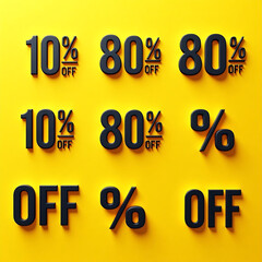 Bold 3D Glossy Discount Badges Set on Bright Yellow Textured Background, Modern Typography Sale Tags, Promotional Labels Grid