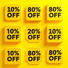 Bold 3D Glossy Discount Badges Set on Bright Yellow Textured Background, Modern Typography Sale Tags, Promotional Labels Grid