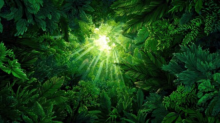 Lush, vibrant green foliage canopy overhead, sunlight beams pierce through leaves, creating a radiant, jungle-like atmosphere
