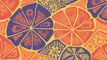 A vibrant and colorful pattern featuring stylized citrus slices and floral elements in a playful design