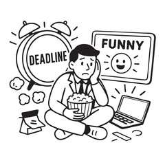 Feeling overwhelmed by deadlines while enjoying funny art and popcorn