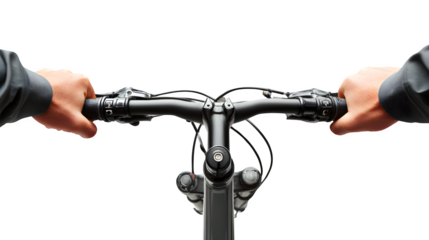 First-person perspective of hands gripping bicycle handlebars, motion implied, active lifestyle, isolated on white background,