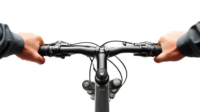 First-person perspective of hands gripping bicycle handlebars, motion implied, active lifestyle, isolated on white background,