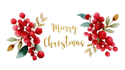 Merry Christmas card featuring watercolor red berries and elegant gold foil lettering on white background.