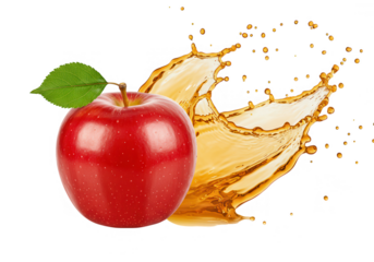 A vibrant red apple with a splash of juice creates a refreshing and healthy image on a transparent background