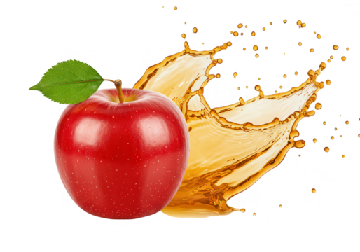 A vibrant red apple with a splash of juice creates a refreshing and healthy image on a transparent background - Powered by Adobe