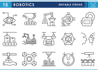 A set of line icons related to Robotics. Intelligent machines used in industry, agriculture, production, and daily life. Vector editable stroke.