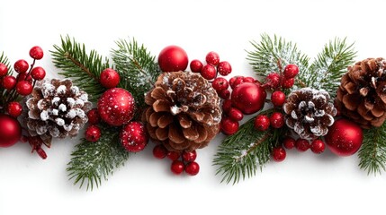 Close-up of a Christmas garland decorated with pine cones and red baubles on a white background.