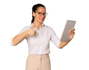 Young business woman using tablet isolated over transparent background. PNG.